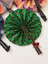 Handmade African Wax Fabric Fan with Leather-Wrapped Handle