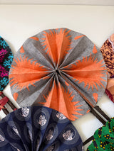 Handmade African Wax Fabric Fan with Leather-Wrapped Handle