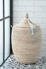 Round laundry white handmade basket with white leather tassel
