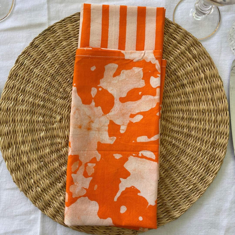 Hand-dyed Batik Cotton Napkins. Bright Orange Stripes. Set of 2
