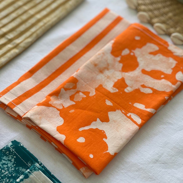 Hand-dyed Batik Cotton Napkins. Bright Orange Stripes. Set of 2