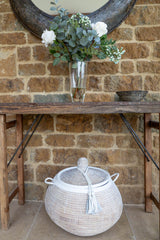 WHITE FLOOR BASKET WITH LEATHER TASSEL