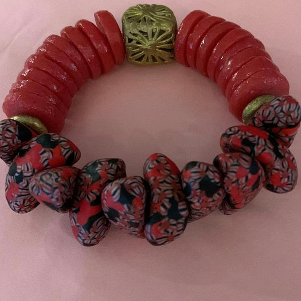 Handmade Red and Black Glass Bead Bracelet