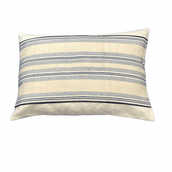 Small Rectangle Blue and Cream Stripe Cushion. Burkina Faso Pagne Tissé