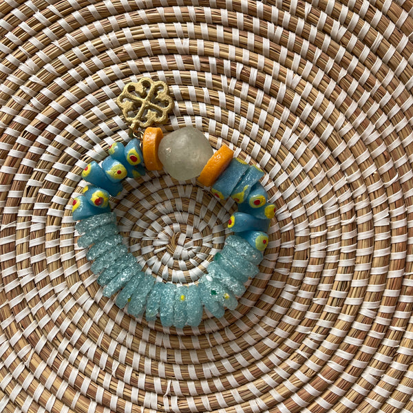 Handmade Recycled Glass Bead Bracelet. Aqua Blue with Brass Charm.