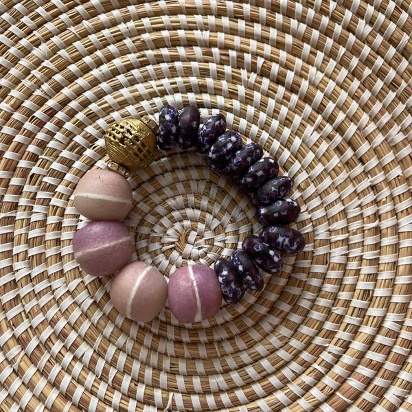 Handmade Recycled Glass Bead Bracelet. Shades of Purple with Brass Bead.