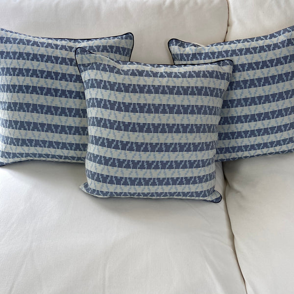 Blue & White Stripe Pagne Tissé Cushion. The Ice Blue