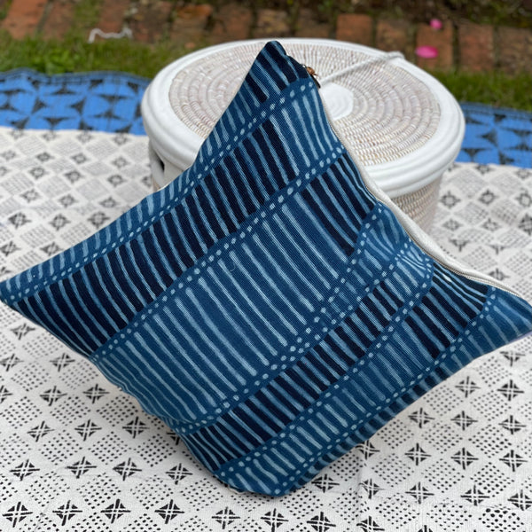 Indigo Square Cushion.  Blue with White Ladder Design.