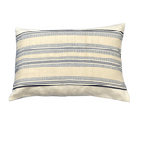Striped pillow with blue and beige pattern on a white background
