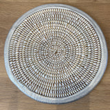 handwoven white placemat with brushed silver trim made in Senegal