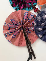 Handmade African Wax Fabric Fan with Leather-Wrapped Handle