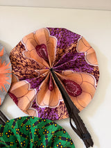 Handmade African Wax Fabric Fan with Leather-Wrapped Handle