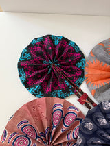 Handmade African Wax Fabric Fan with Leather-Wrapped Handle