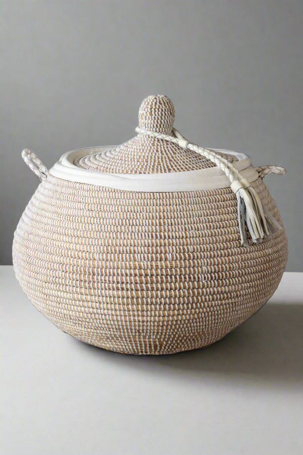 WHITE LEATHER TRIMMED FLOOR BASKET 