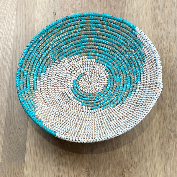 white and aquamarine basket bowl