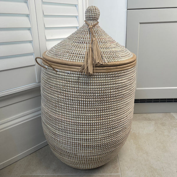 White basket with natural leather trim 