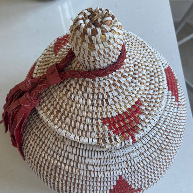 Large White Takh Basket with Red Triangles