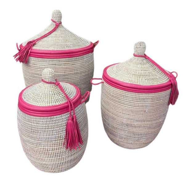 White basket with pink trim 