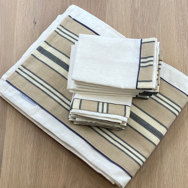 Beige, Cream & Black Stripe Pagne Tissé Table Cloth.