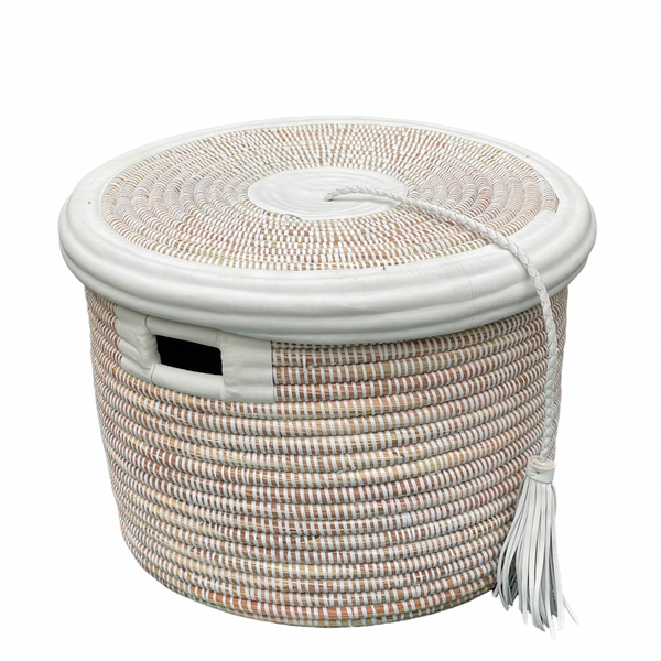 Grand White Lidded Basket with White Leather Trim & Tassel. The KEUP.