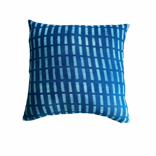 Indigo Square Cushion.  Blue with White Block Design.