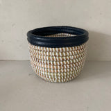 Extra Small White Open Basket with Navy Leather Trim