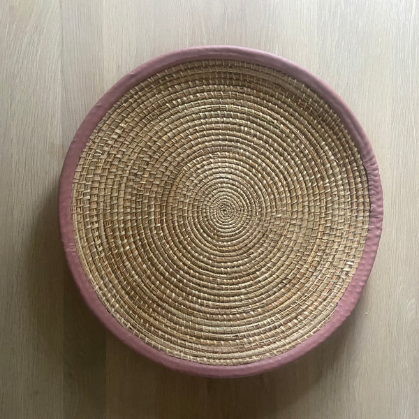 Natural Platter Basket with Dusky Pink Leather Trim. The Ndonn Layu (45cm)