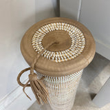 White Tall Storage Basket with Natural Leather Trim