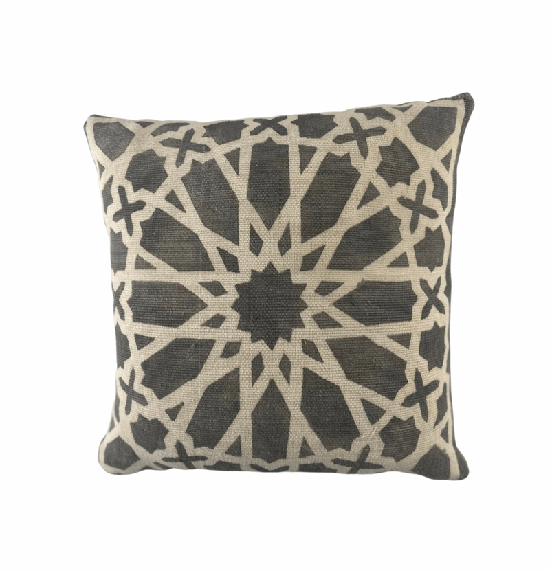 Grey and White Bogolan Cushion with a Velvet back. The Zellige