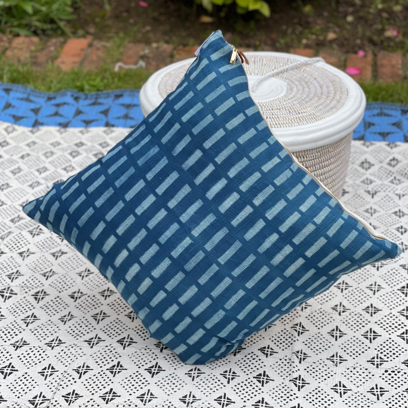 Indigo Square Cushion.  Blue with White Block Design.