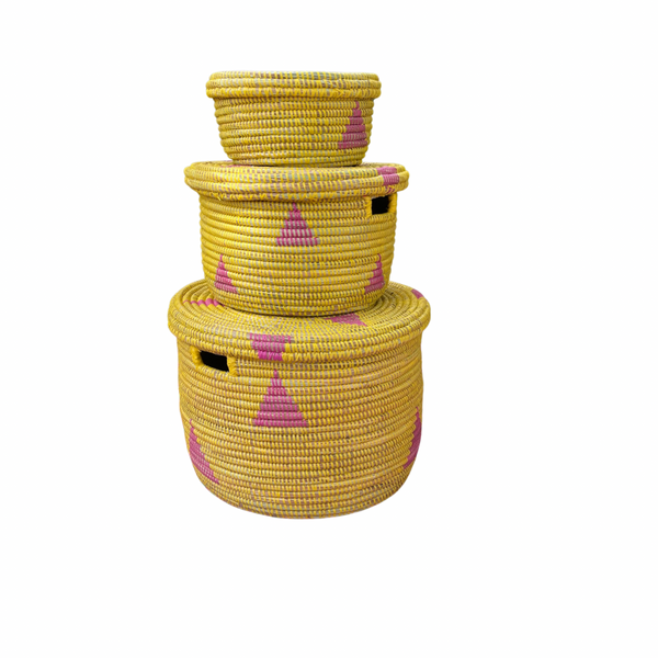 Yellow Lidded baskets with Pink Triangles