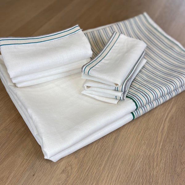 Beige and White with Green & Black Stripes Pagne Tissé Tablecloth.