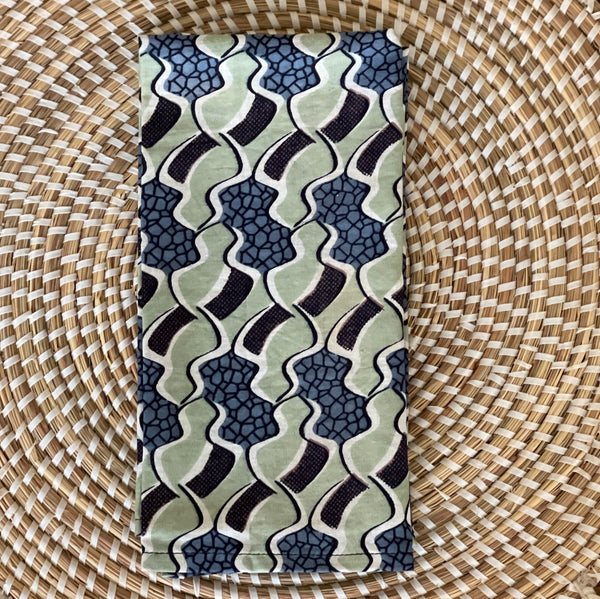 Moss Green and Blue Abstract Design, African Wax. Set of 2.
