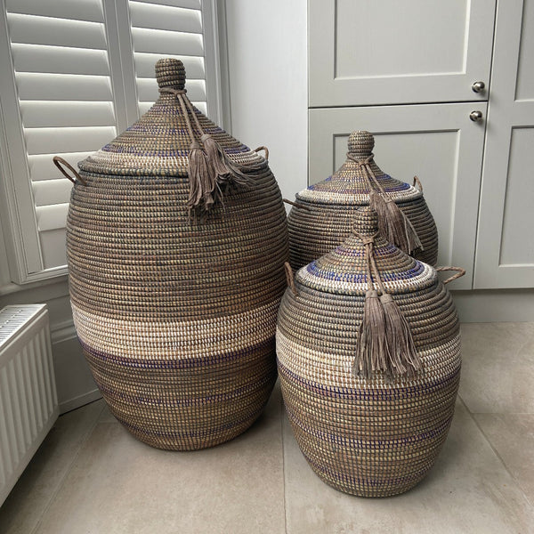 set of handmade grey and white baskets