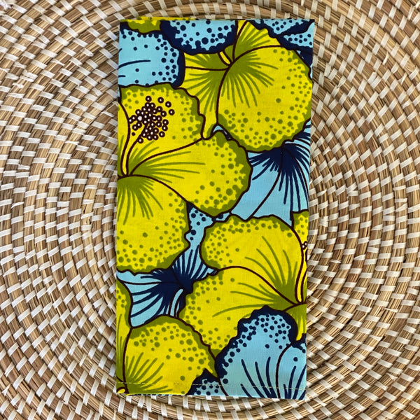Yellow and Light Blue Flowers Design, African Wax. Set of 2.