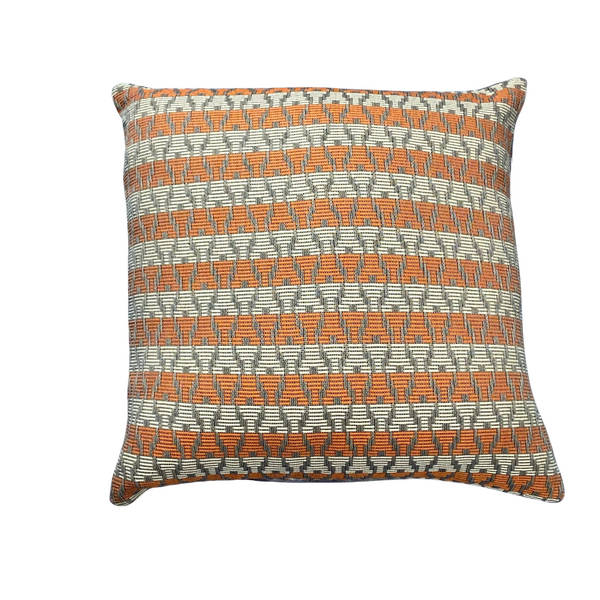 Orange, Grey and White Handwoven Pagne Tissé Cushion. The Fleur D’Oranger Cushion.